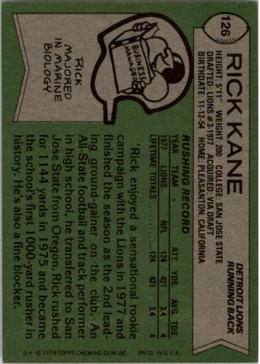 1978 Topps #126 Rick Kane RC back image