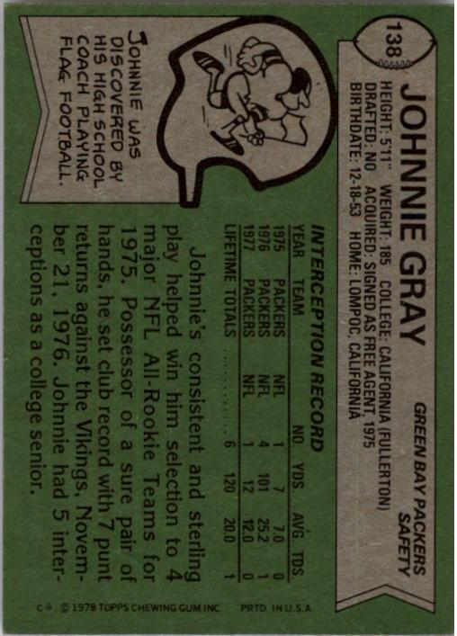 1978 Topps #138 Johnnie Gray back image