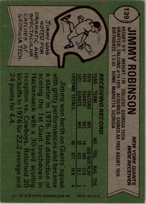 1978 Topps #139 Jimmy Robinson RC back image