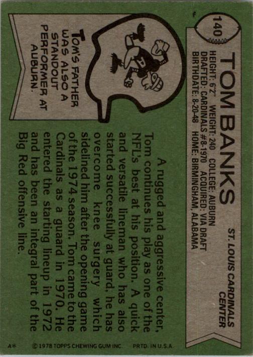 1978 Topps #140 Tom Banks back image