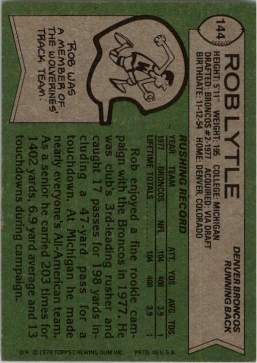1978 Topps #144 Rob Lytle RC back image