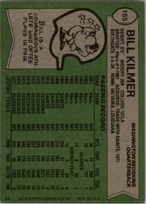 1978 Topps #155 Billy Kilmer back image