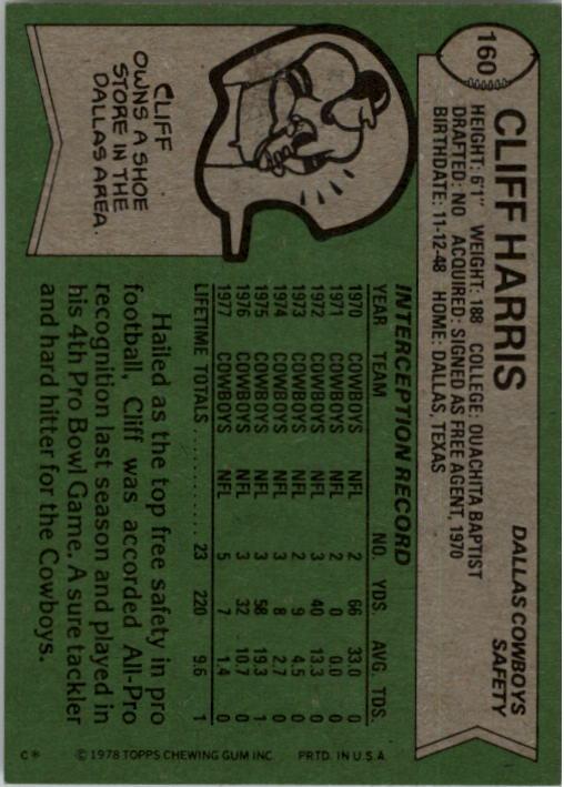 1978 Topps #160 Cliff Harris AP back image