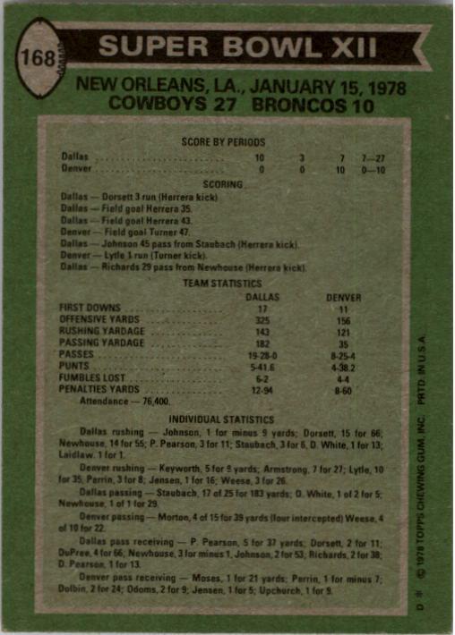 1978 Topps #168 Super Bowl XII/Cowboys 27;/Broncos 10/(Tony Dorsett) back image