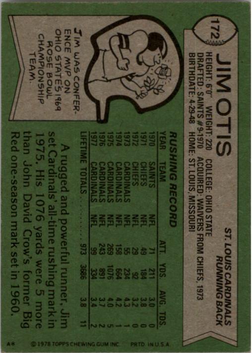 1978 Topps #172 Jim Otis back image