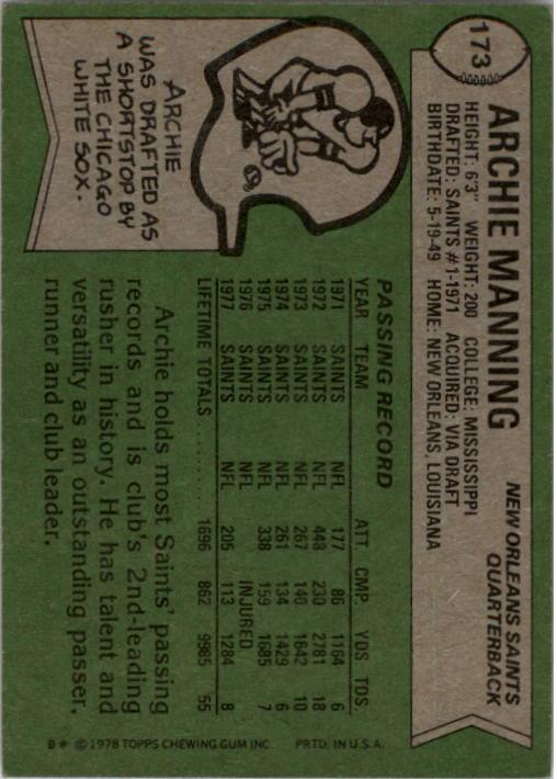 1978 Topps #173 Archie Manning back image
