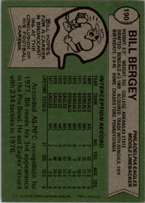 1978 Topps #190 Bill Bergey back image