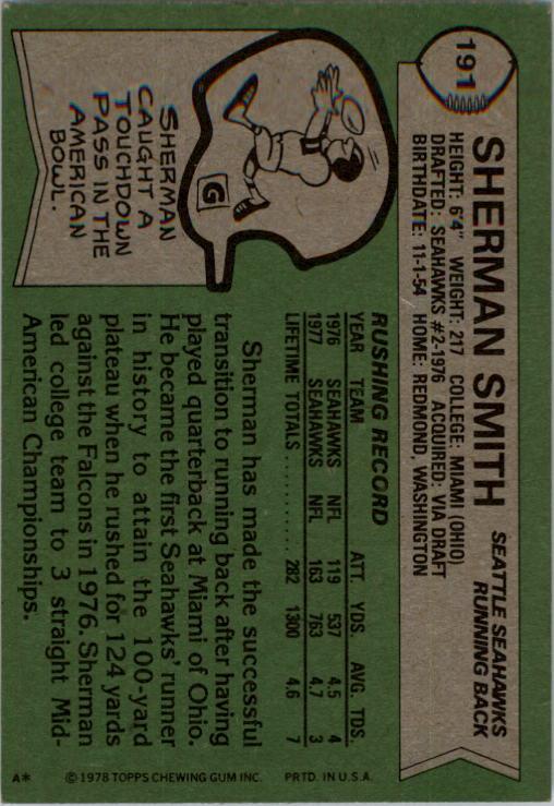 1978 Topps #191 Sherman Smith back image