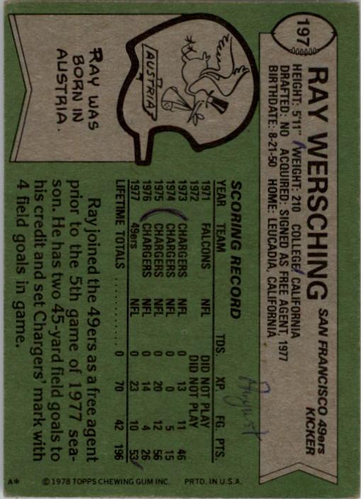 1978 Topps #197 Ray Wersching back image