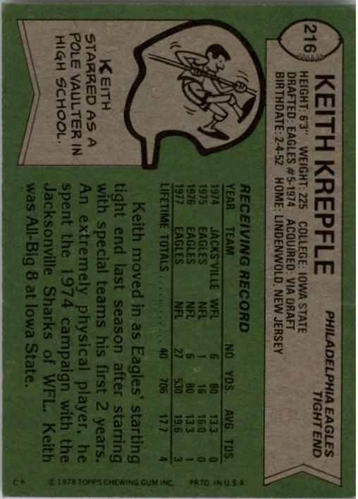 1978 Topps #216 Keith Krepfle RC back image