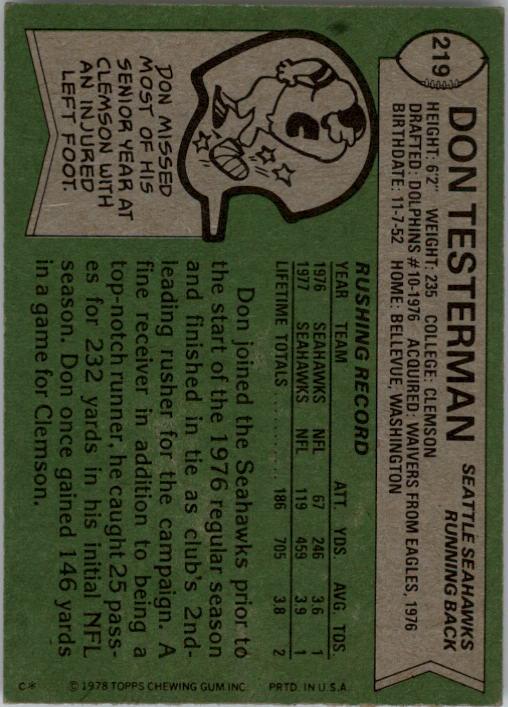 1978 Topps #219 Don Testerman RC back image