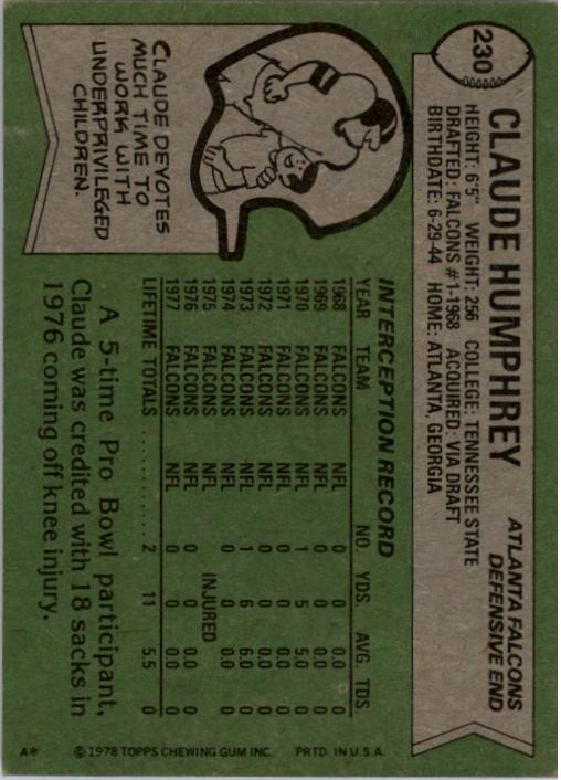 1978 Topps #230 Claude Humphrey back image