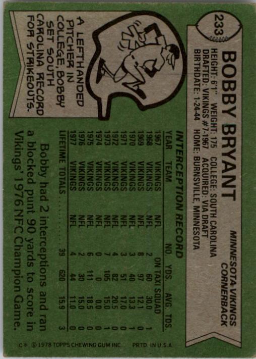 1978 Topps #233 Bobby Bryant back image