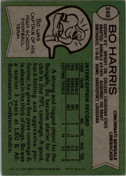 1978 Topps #249 Bo Harris RC back image