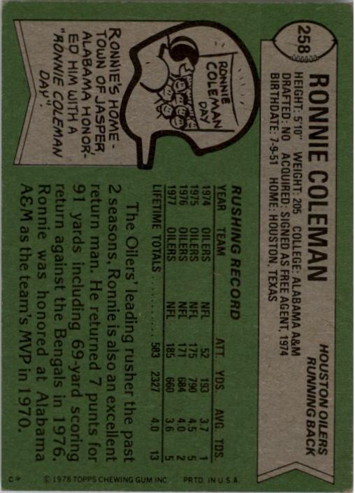 1978 Topps #258 Ronnie Coleman back image