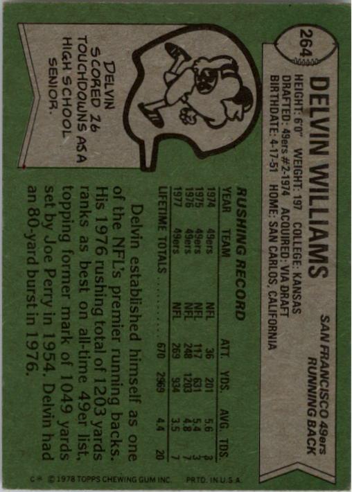 1978 Topps #264 Delvin Williams back image