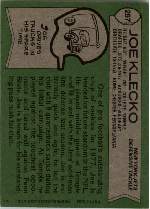 1978 Topps #287 Joe Klecko RC back image