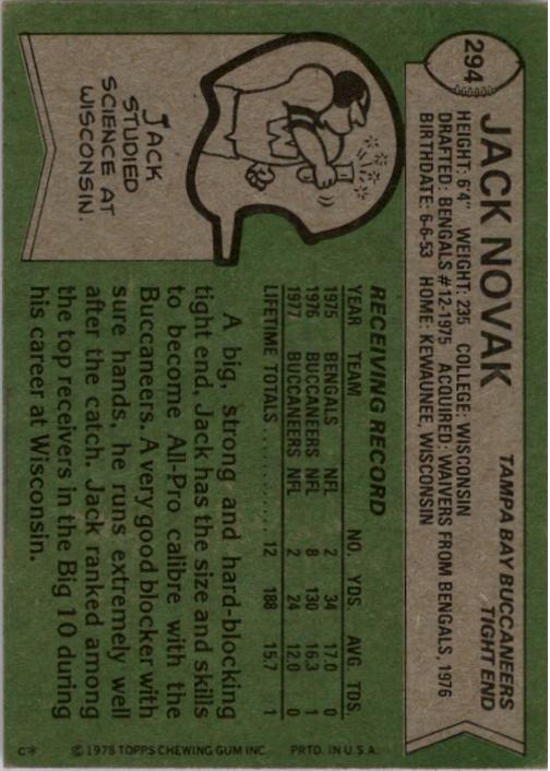 1978 Topps #294 Jack Novak RC back image
