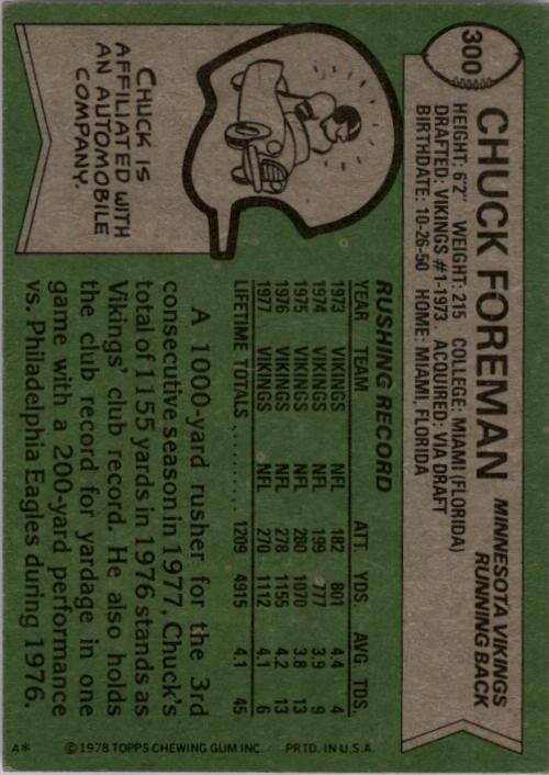 1978 Topps #300 Chuck Foreman back image