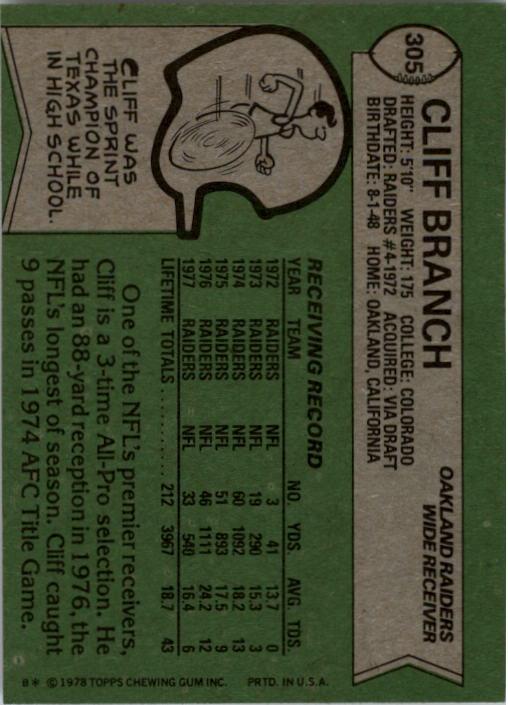 1978 Topps #305 Cliff Branch back image