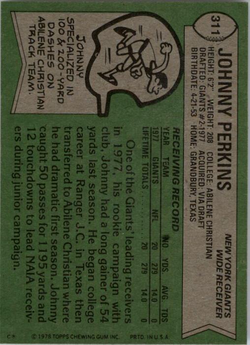 1978 Topps #311 Johnny Perkins RC back image