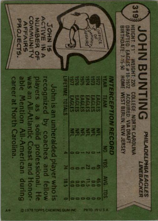 1978 Topps #319 John Bunting back image