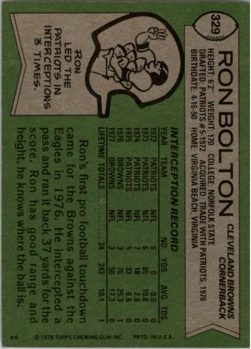 1978 Topps #329 Ron Bolton back image