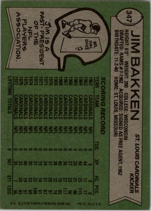 1978 Topps #347 Jim Bakken back image