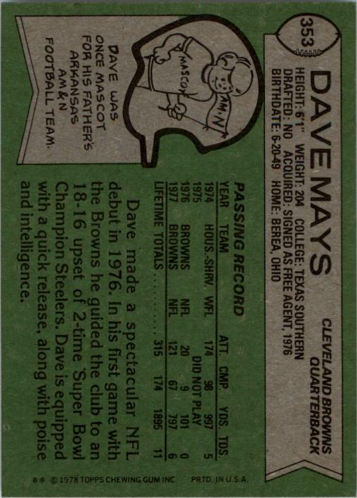 1978 Topps #353 Dave Mays RC back image