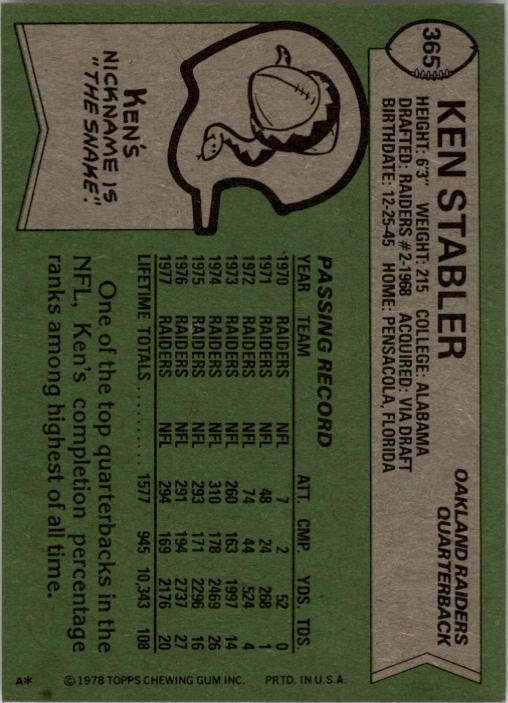 1978 Topps #365 Ken Stabler back image