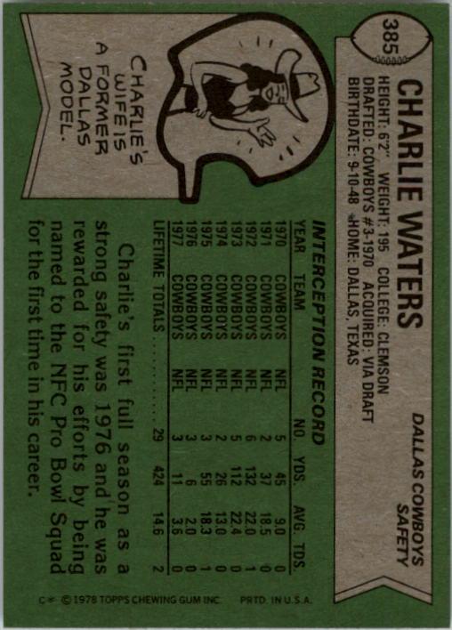 1978 Topps #385 Charlie Waters back image