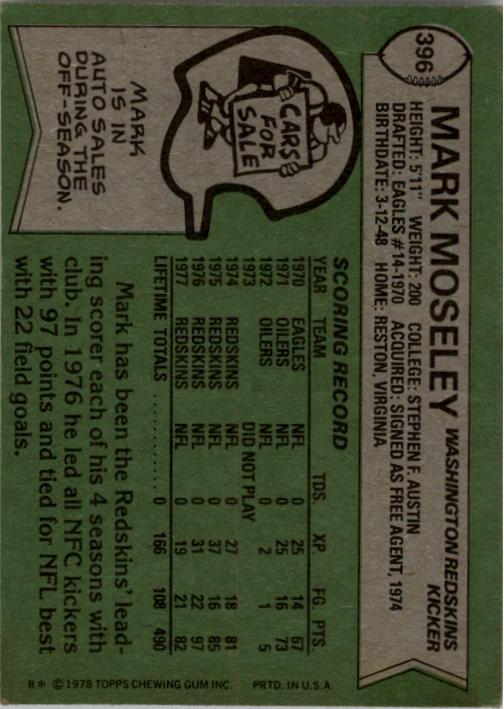 1978 Topps #396 Mark Moseley back image