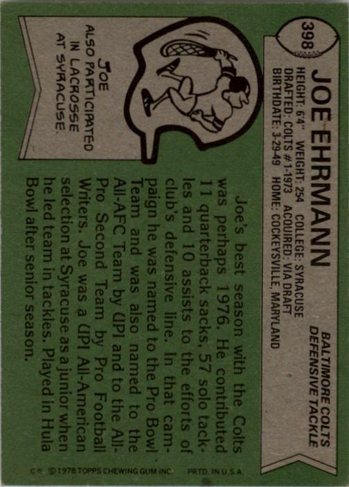 1978 Topps #398 Joe Ehrmann back image