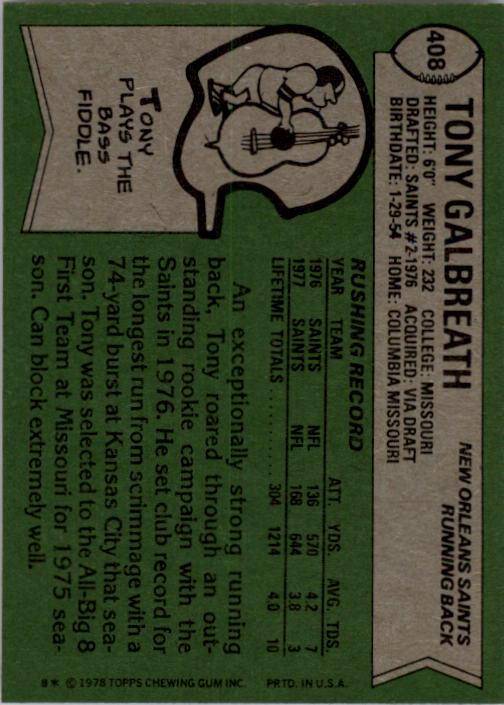 1978 Topps #408 Tony Galbreath back image