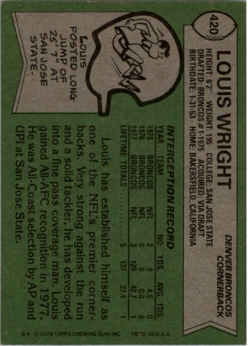 1978 Topps #420 Louis Wright RC back image