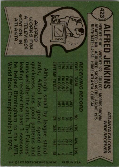 1978 Topps #423 Alfred Jenkins RC back image