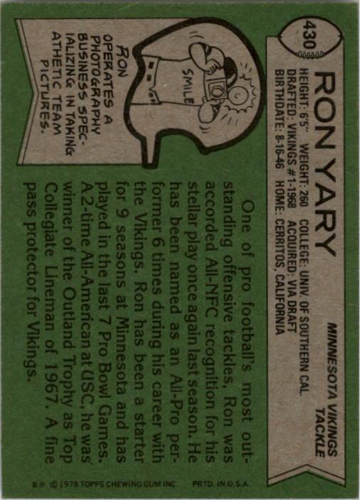 1978 Topps #430 Ron Yary back image