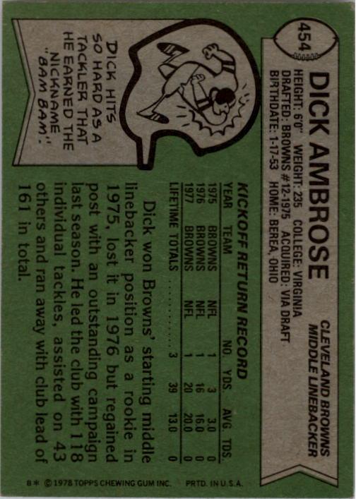 1978 Topps #454 Dick Ambrose RC back image