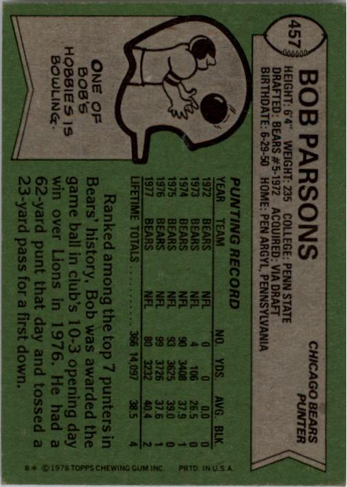 1978 Topps #457 Bob Parsons back image