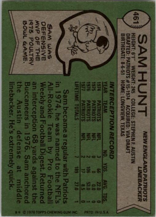 1978 Topps #461 Sam Hunt back image