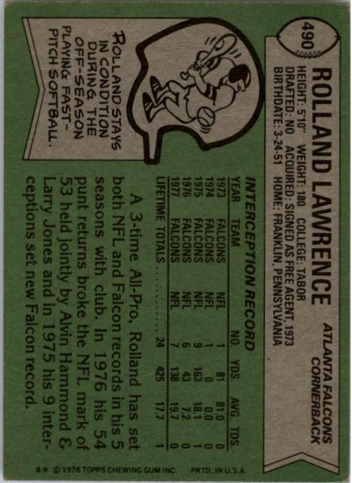 1978 Topps #490 Rolland Lawrence back image