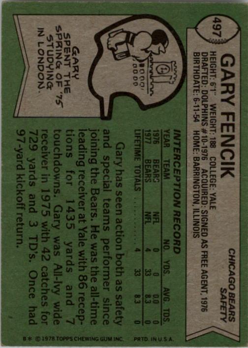 1978 Topps #497 Gary Fencik RC back image