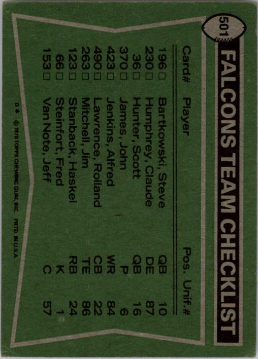 1978 Topps #501 Atlanta Falcons TL/Haskel Stanback/Alfred Jenkins/Claude Humphrey/Jeff Merrow/Rolland Lawrence/(checklist back) back image