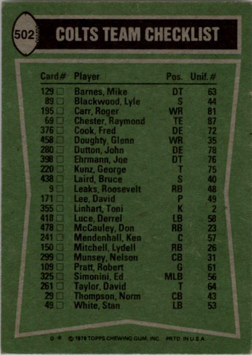 1978 Topps #502 Baltimore Colts TL/Lydell Mitchell/Lydell Mitchell/Lyle Blackwood/Fred Cook/(checklist back) back image