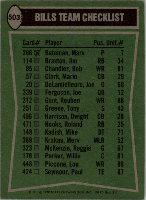1978 Topps #503 Buffalo Bills TL/O.J. Simpson/Bob Chandler/Tony Greene/Sherman White/(checklist back) back image