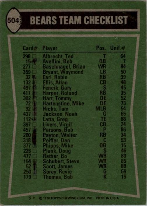 1978 Topps #504 Chicago Bears TL/Walter Payton/James Scott/Allan Ellis/Ron Rydalch/(checklist back) back image