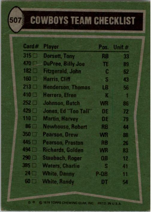 1978 Topps #507 Dallas Cowboys TL/Tony Dorsett/Drew Pearson/Cliff Harris/Harvey Martin/(checklist back) back image
