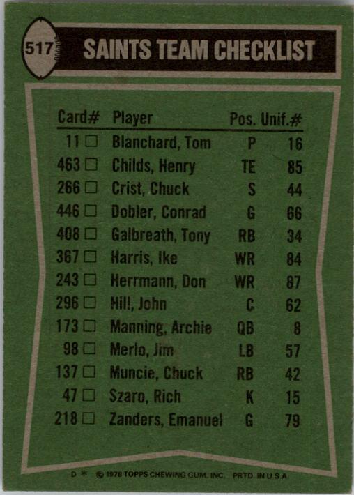 1978 Topps #517 New Orleans Saints TL/Chuck Muncie/Don Herrmann/Chuck Crist/Elois Grooms/(checklist back) back image