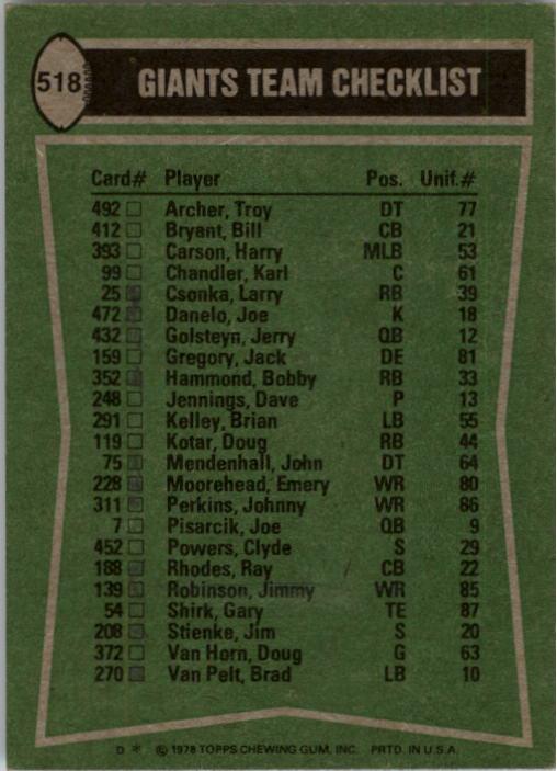 1978 Topps #518 New York Giants TL/Bobby Hammond/Jimmy Robinson/Bill Bryant/John Mendenhall/(checklist back) back image