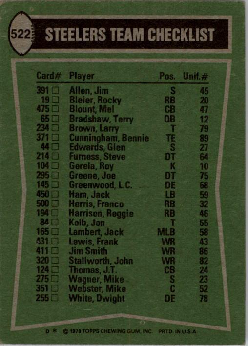 1978 Topps #522 Pittsburgh Steelers TL/Franco Harris/Jim Smith/Mel Blount/Steve Furness/(checklist back) back image